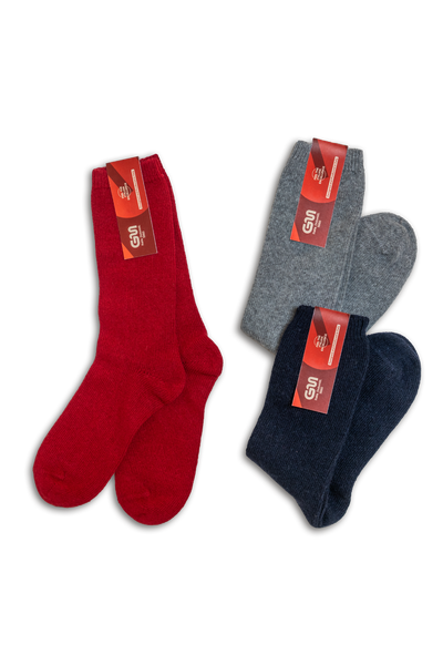 3 calze calde da donna in 90% cashmere riciclato colore rosso, grigio, blu