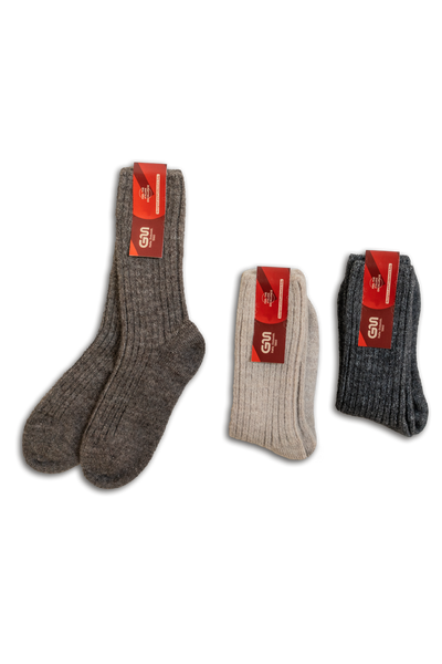 Tre calze calde al polpaccio da donna in lana merino e baby alpaca, marrone, beige, grigio